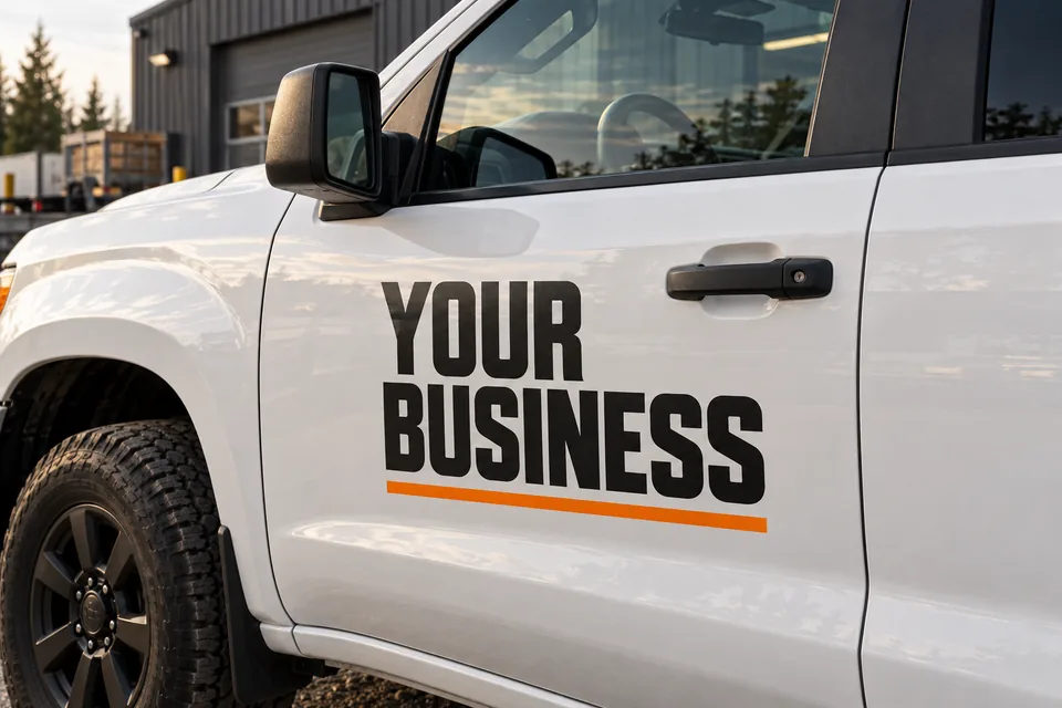 Design example of black business lettering with an orange accent on a white pickup front door.