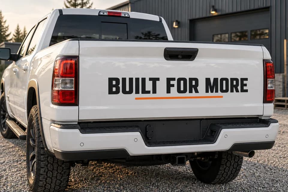 Design example of custom black tailgate lettering below the handle and camera on a white pickup.