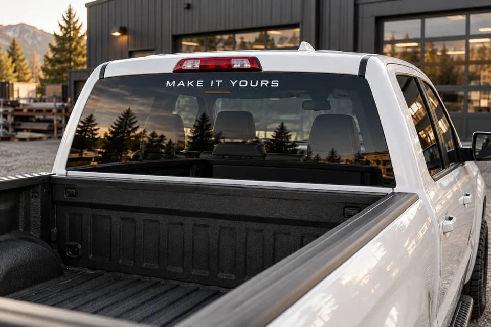 Design example of white lettering near the top of a pickup rear window, with most glass left clear.