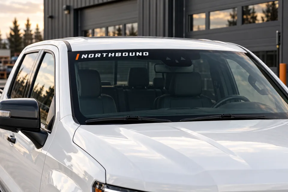 Design example of a small white lettering banner along the upper glass of a white pickup windshield.