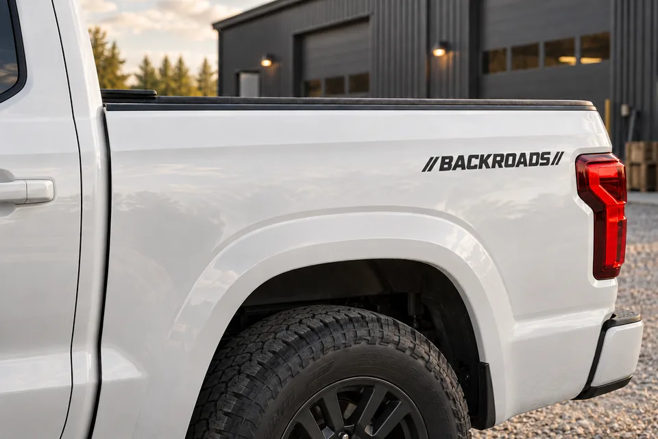 Design example of a compact black Backroads decal on one pickup bedside above the rear wheel.