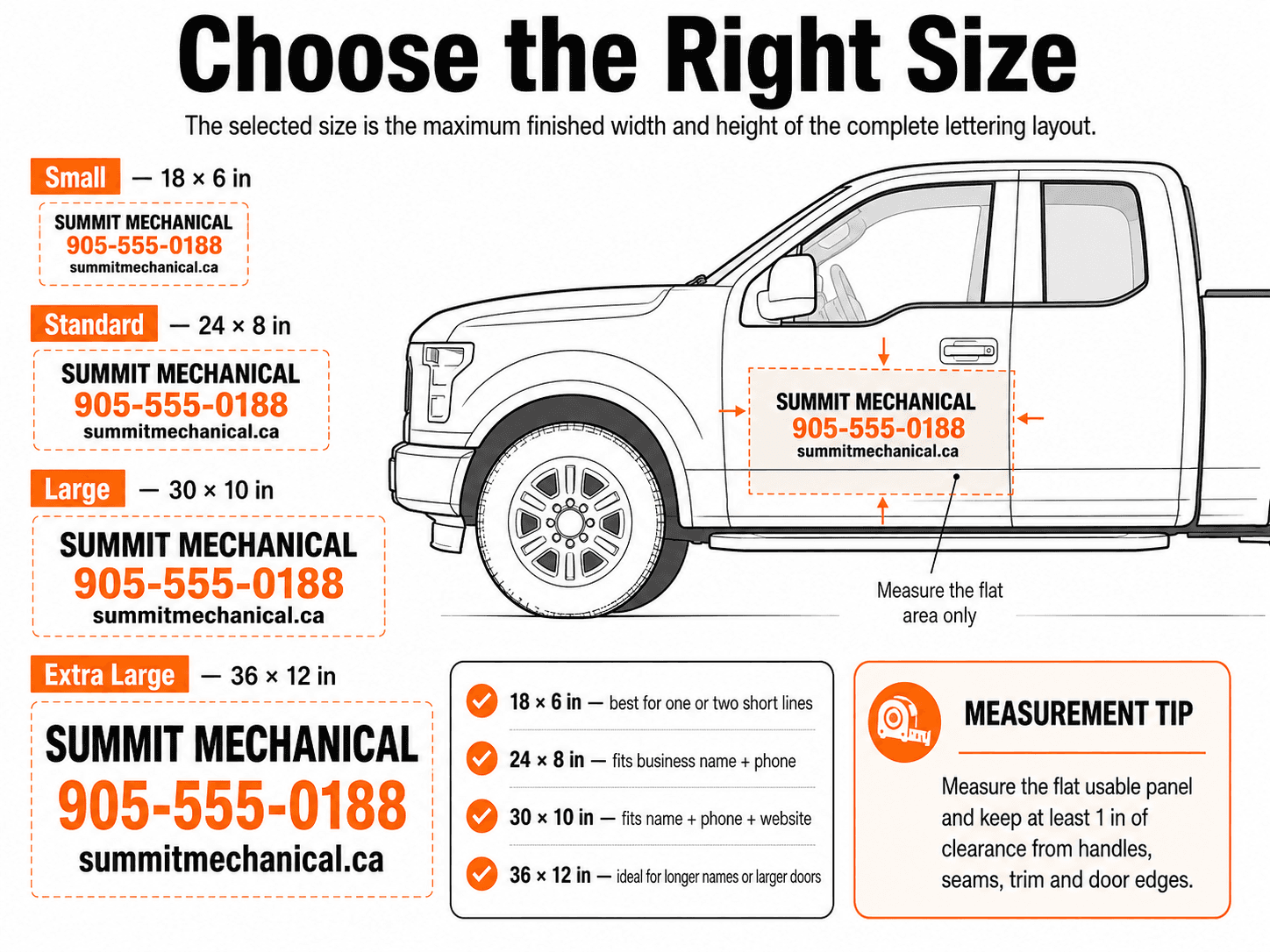 Truck door lettering size guide comparing 18 x 6, 24 x 8, 30 x 10 and 36 x 12 inch options