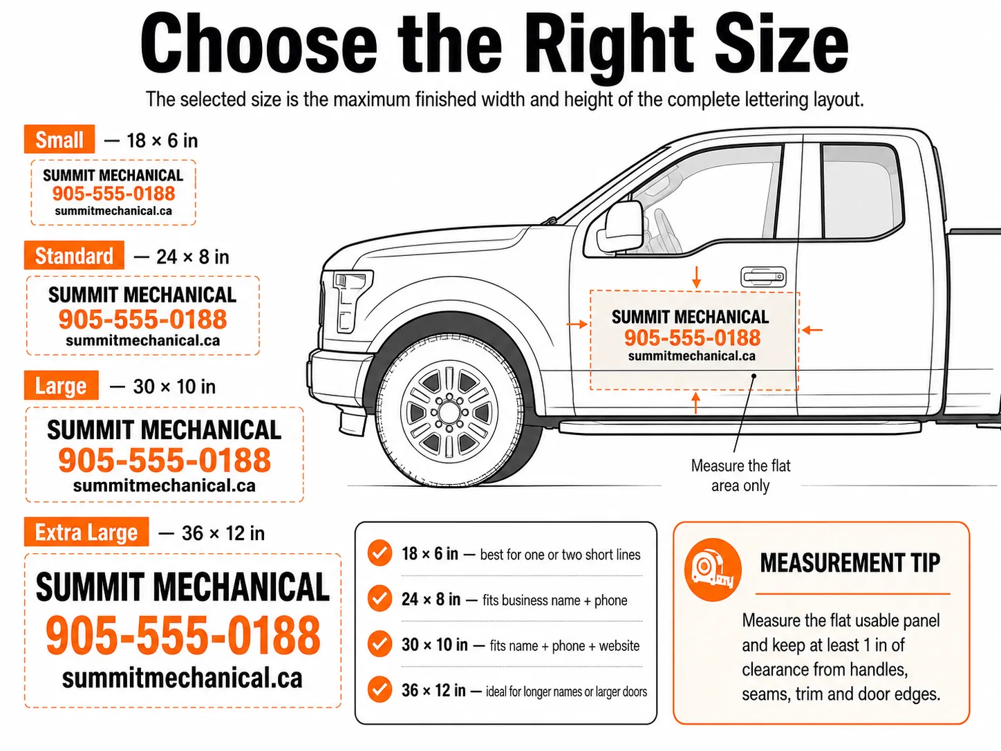 Truck door lettering size guide comparing 18 x 6, 24 x 8, 30 x 10 and 36 x 12 inch options