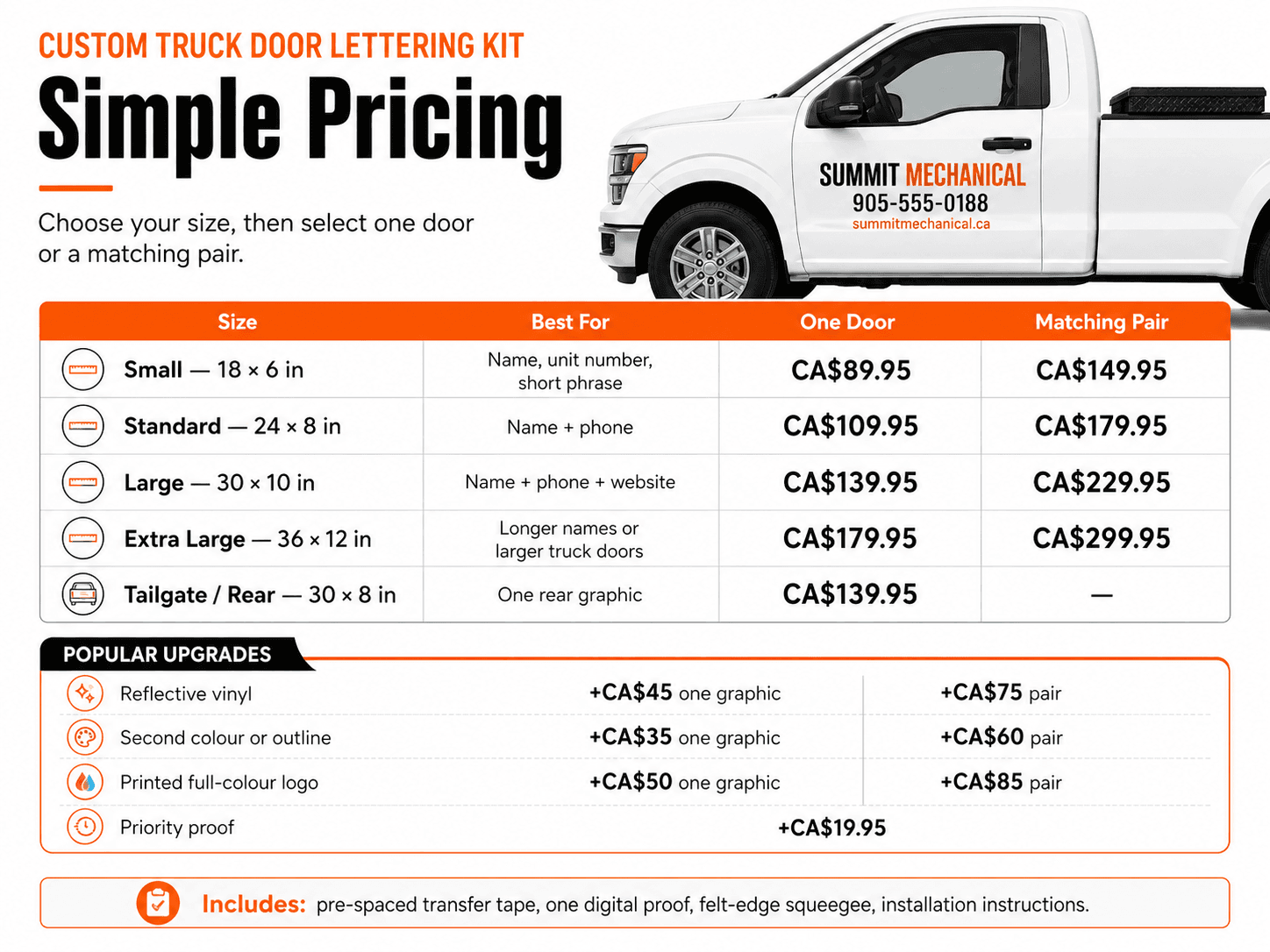 Custom truck door lettering pricing in Canadian dollars for one door, matching pairs, tailgate and upgrades
