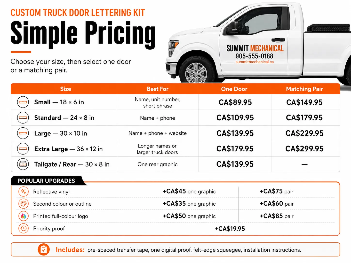 Custom truck door lettering pricing in Canadian dollars for one door, matching pairs, tailgate and upgrades