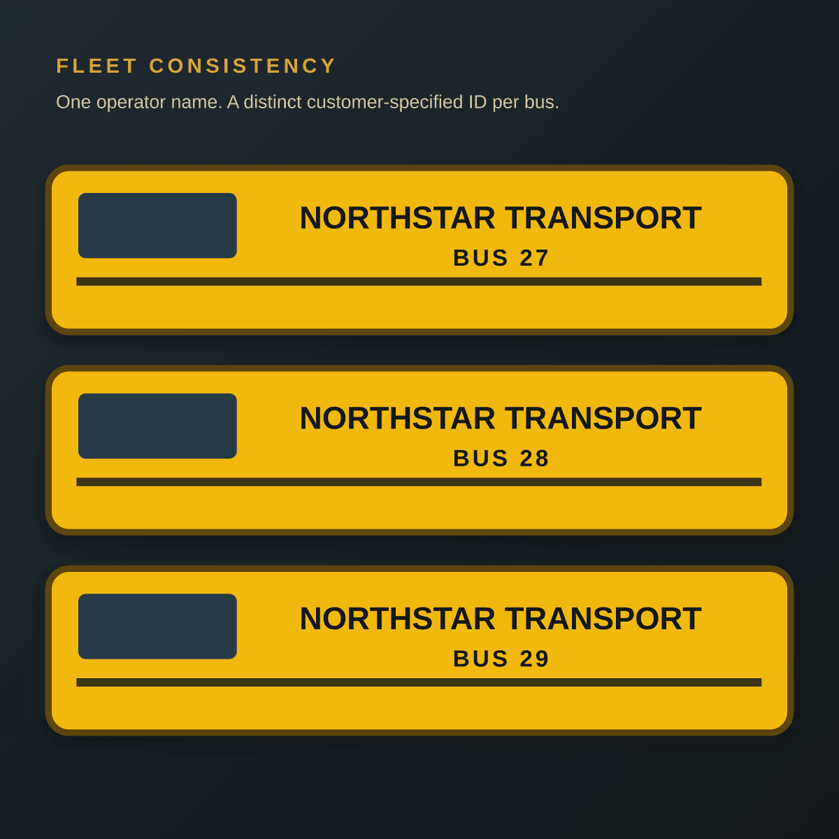 Matching operator-name lettering with distinct bus IDs across three fleet vehicles