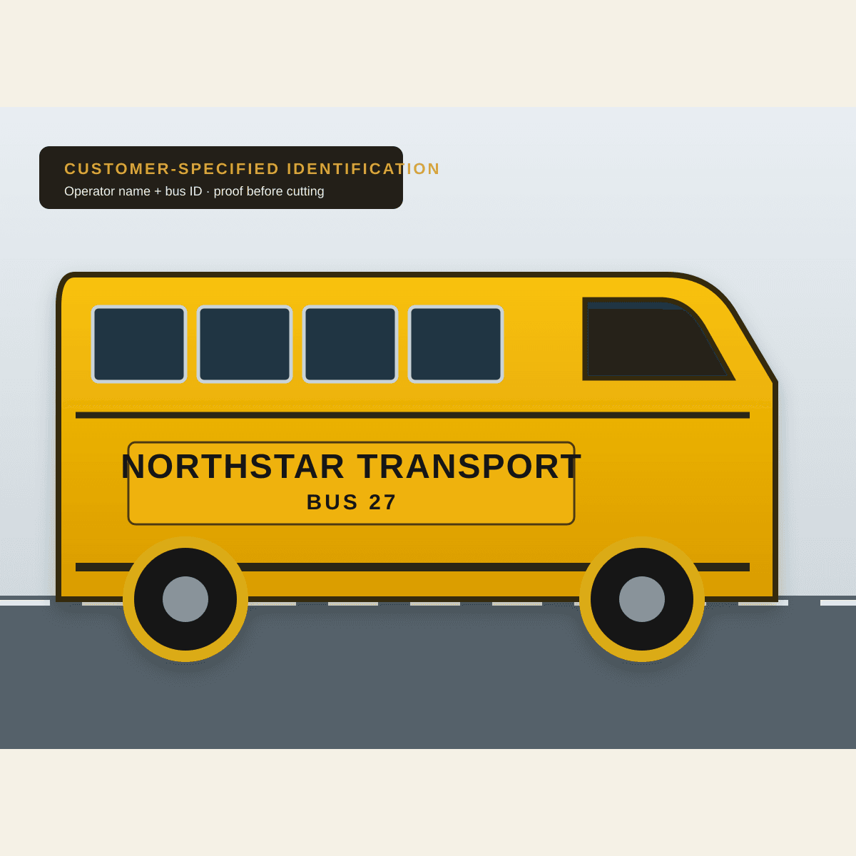 Visual mockup of customer-specified operator-name and fleet-ID lettering on the side of a yellow bus