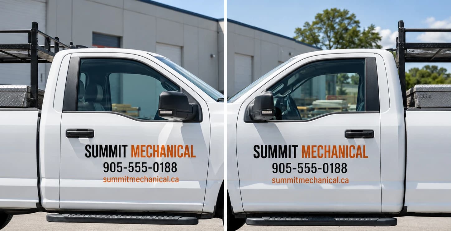 Example of matching name, phone and website lettering on both truck doors